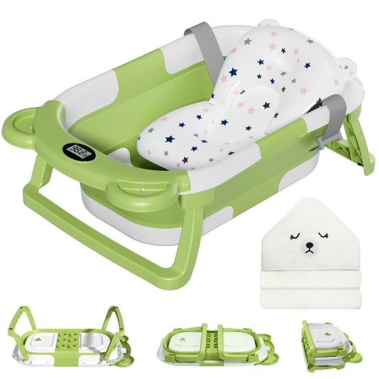 Picture of MoreFeel Collapsible Baby Bathtub for Newborn with Thermometer & 1 Hooded Towel & 1 Soft Floating Cushion,Portable Travel Bathtub with Drain Hole, Durable Foldable Baby Tubs for Infants to Toddler