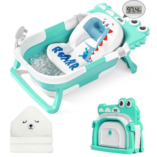 Picture of MoreFeel Collapsible Baby Bathtub for Newborn with Thermometer & 1 Hooded Towel & 1 Soft Floating Cushion,Portable Travel Bathtub with Drain Hole, Durable Foldable Baby Tubs for Infants to Toddler