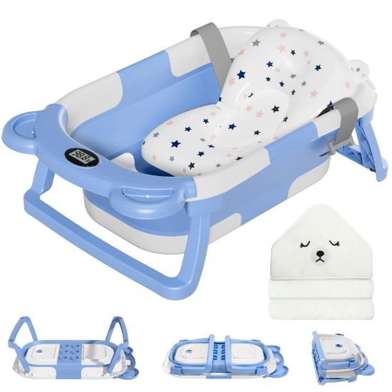 Picture of MoreFeel Collapsible Baby Bathtub for Newborn with Thermometer & 1 Hooded Towel & 1 Soft Floating Cushion,Portable Travel Bathtub with Drain Hole, Durable Foldable Baby Tubs for Infants to Toddler