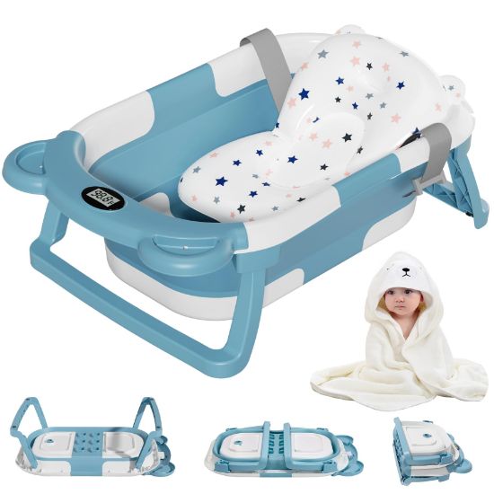 Picture of MoreFeel Collapsible Baby Bathtub for Newborn with Thermometer & 1 Hooded Towel & 1 Soft Floating Cushion,Portable Travel Bathtub with Drain Hole, Durable Foldable Baby Tubs for Infants to Toddler