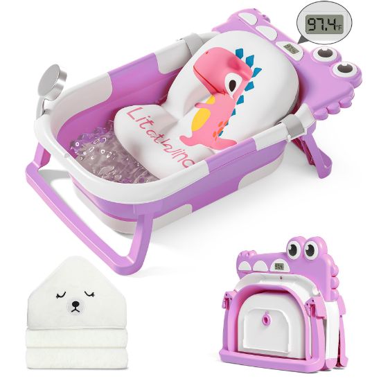 Picture of MoreFeel Collapsible Baby Bathtub for Newborn with Thermometer & 1 Hooded Towel & 1 Soft Floating Cushion,Portable Travel Bathtub with Drain Hole, Durable Foldable Baby Tubs for Infants to Toddler