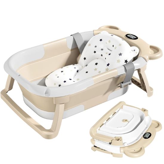 Picture of TPN Collapsible Baby Bathtub for Infants to Toddler with Real-time Temp Monitor+Floating Cushion,Foldable Baby Bath Tub Set Applicable 0-36 Month,Perfect Portable Travel Baby Tub for Newborns Boy