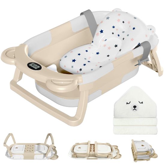 Picture of MoreFeel Collapsible Baby Bathtub for Newborn with Thermometer & 1 Hooded Towel & 1 Soft Floating Cushion,Portable Travel Bathtub with Drain Hole, Durable Foldable Baby Tubs for Infants to Toddler