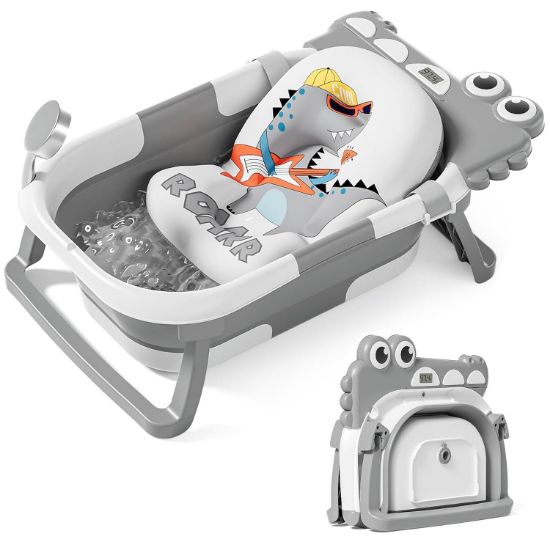 Picture of TPN Collapsible Baby Bathtub for Infants to Toddler with Real-time Temp Monitor+Floating Cushion,Foldable Baby Bath Tub Set Applicable 0-36 Month,Perfect Portable Travel Baby Tub for Newborns Boy