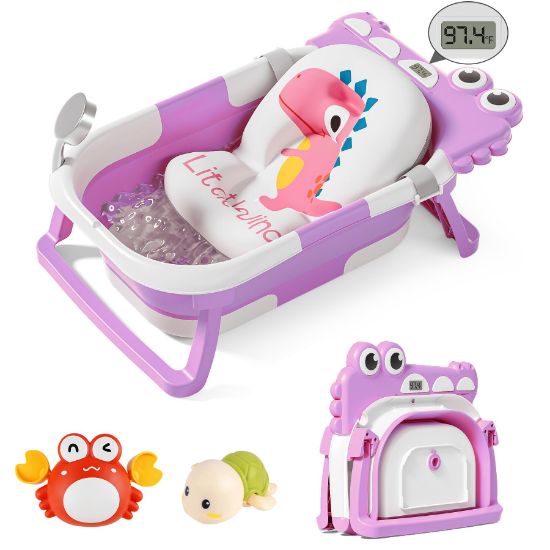 Picture of TPN Collapsible Baby Bathtub for Infants to Toddler with Real-time Temp Monitor+Floating Cushion,Foldable Baby Bath Tub Set Applicable 0-36 Month,Perfect Portable Travel Baby Tub for Newborns Boy