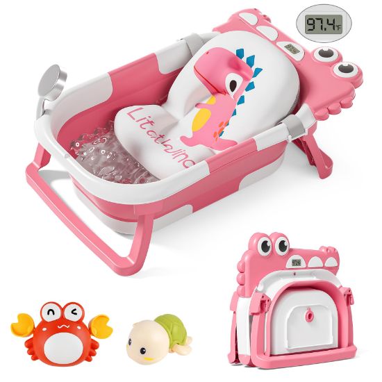 Picture of TPN Collapsible Baby Bathtub for Infants to Toddler with Real-time Temp Monitor+Floating Cushion,Foldable Baby Bath Tub Set Applicable 0-36 Month,Perfect Portable Travel Baby Tub for Newborns Girl
