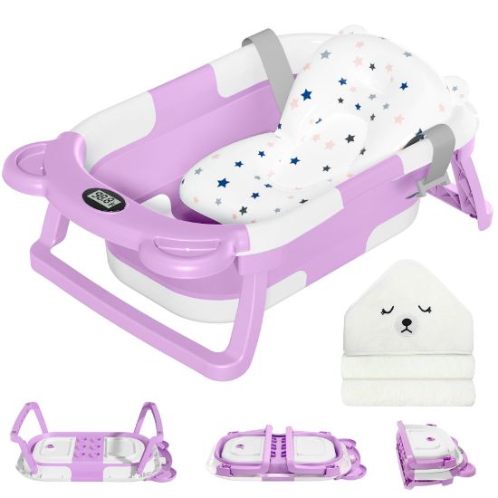 Picture of MoreFeel Collapsible Baby Bathtub for Newborn with Thermometer & 1 Hooded Towel & 1 Soft Floating Cushion,Portable Travel Bathtub with Drain Hole, Durable Foldable Baby Tubs for Infants to Toddler