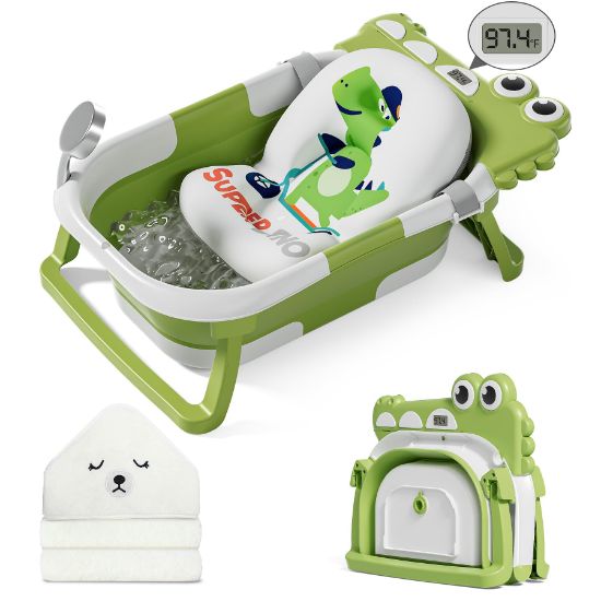 Picture of MoreFeel Collapsible Baby Bathtub for Newborn with Thermometer & 1 Hooded Towel & 1 Soft Floating Cushion,Portable Travel Bathtub with Drain Hole, Durable Foldable Baby Tubs for Infants to Toddler