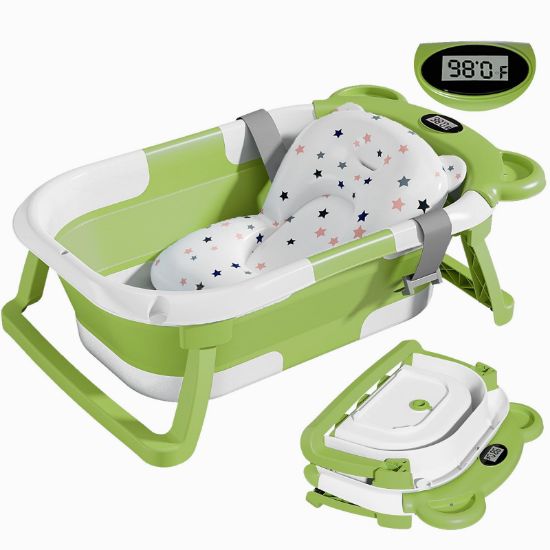 Picture of TPN Collapsible Baby Bathtub for Infants to Toddler with Real-time Temp Monitor+Floating Cushion,Foldable Baby Bath Tub Set Applicable 0-36 Month,Perfect Portable Travel Baby Tub for Newborns Boy