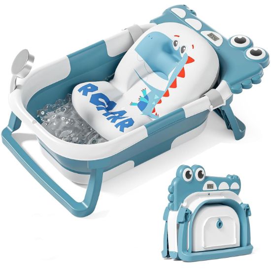Picture of TPN Collapsible Baby Bathtub for Infants to Toddler with Real-time Temp Monitor+Floating Cushion,Foldable Baby Bath Tub Set Applicable 0-36 Month,Perfect Portable Travel Baby Tub for Newborns Girl