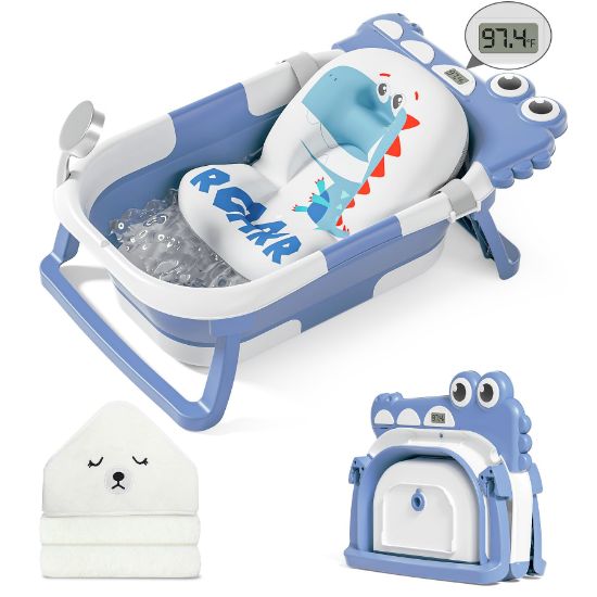 Picture of MoreFeel Collapsible Baby Bathtub for Newborn with Thermometer & 1 Hooded Towel & 1 Soft Floating Cushion,Portable Travel Bathtub with Drain Hole, Durable Foldable Baby Tubs for Infants to Toddler
