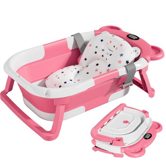 Picture of TPN Collapsible Baby Bathtub for Infants to Toddler with Real-time Temp Monitor+Floating Cushion,Foldable Baby Bath Tub Set Applicable 0-36 Month,Perfect Portable Travel Baby Tub for Newborns Girl