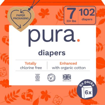 Picture of Pura Size 7 Eco-Friendly Diapers (33+lbs) Hypoallergenic, TCF, Soft Organic Cotton, Sustainable, up to 12 Hours Leak Protection, Allergy UK, Recyclable Paper Packaging, 6 Packs of 17 (102 Diapers)