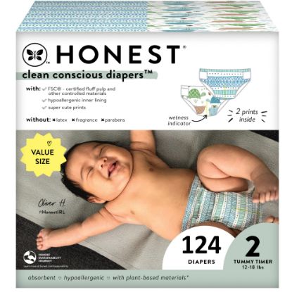 Picture of The Honest Company Clean Conscious Diapers for Sensitive Skin | Hypoallergenic, Fragrance Free | Gender Neutral Printss | Super Club Box, Size 2 (12-18 lbs), 124 Count