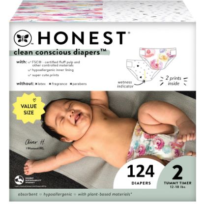 Picture of The Honest Company Clean Conscious Diapers for Sensitive Skin | Hypoallergenic, Fragrance Free | Girl Prints | Super Club Box, Size 2 (12-18 lbs), 124 Count