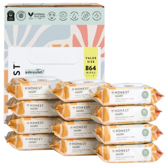 Picture of The Honest Company Clean Conscious Multi-Use Wipes | Hypoallergenic + Unscented for Sensitive Skin | Over 99% Water, Compostable, Plant Based, Baby Wipes | Sunburst, 864 Count