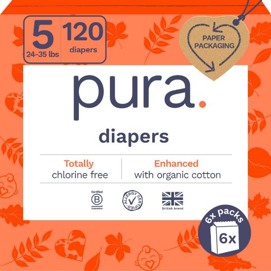 Picture of Pura Size 5 Eco-Friendly Diapers (24-35 lbs) Totally Chlorine Free (TCF), Hypoallergenic, Soft Organic Cotton, Sustainable, up to 12 Hours Leak Protection, Allergy UK, 6 Packs of 20 (120 Diapers)