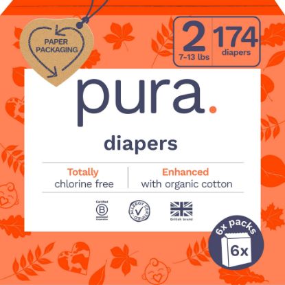 Picture of Pura Hypoallergenic Diapers Size 2 (7-13 lbs) Monthly Pack, Totally Chlorine Free, Wetness Indicator, Suitable for Sensitive Skin, Soft Organic Cotton Comfort, Overnight, 6 Packs of 29 (174 Diapers)