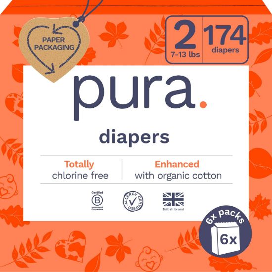 Picture of Pura Hypoallergenic Diapers Size 2 (7-13 lbs) Monthly Pack, Totally Chlorine Free, Wetness Indicator, Suitable for Sensitive Skin, Soft Organic Cotton Comfort, Overnight, 6 Packs of 29 (174 Diapers)