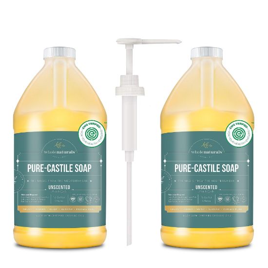 Picture of WHOLENATURALS Pure Castile Soap Liquid, EWG Verified & Certified Palm Oil Free Unscented, Natural, Mild & Gentle Non-gmo & Vegan - Organic Body Wash, Laundry, Pet/Dog and Baby Soap -Pack of 2 w/pump