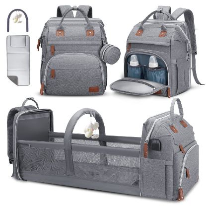Picture of Baby Diaper Bag Backpack, Diaper Changing Station, Portable Changing Station Backpack for Boys Girls,Waterproof Changing Pad,USB Charging Port,Pacifier Case, Sunshade and Toy Bar, Heather Grey