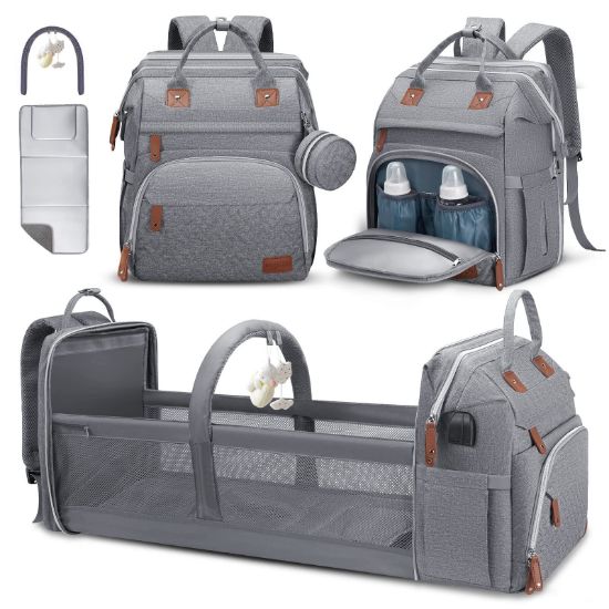 Picture of Baby Diaper Bag Backpack, Diaper Changing Station, Portable Changing Station Backpack for Boys Girls,Waterproof Changing Pad,USB Charging Port,Pacifier Case, Sunshade and Toy Bar, Heather Grey