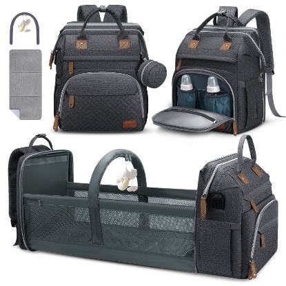 Picture of Baby Diaper Bag Backpack, Diaper Changing Station, Portable Changing Station Backpack for Boys Girls,Waterproof Changing Pad,USB Charging Port,Pacifier Case, Sunshade and Toy Bar,DK Grey