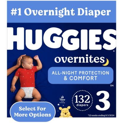 Picture of Huggies Size 3 Overnites Baby Diapers: Overnight Diapers, Size 3 (16-28 lbs), 132 Ct (2 Packs of 66), Packaging May Vary