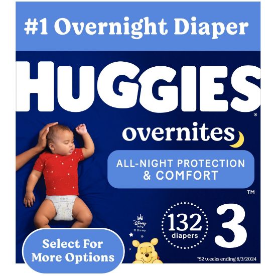 Picture of Huggies Size 3 Overnites Baby Diapers: Overnight Diapers, Size 3 (16-28 lbs), 132 Ct (2 Packs of 66), Packaging May Vary