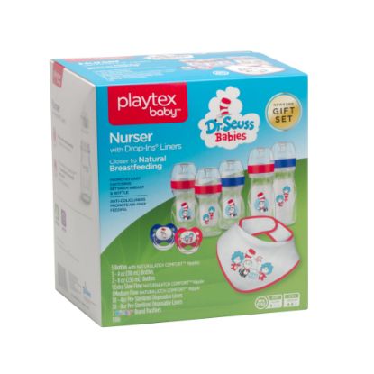 Picture of Playtex Baby Dr. Seuss Baby Bottles Gift Set - Newborn Baby Essentials with Binky Pacifiers, Nurser Bottles, Drop-Ins Liners & Bib