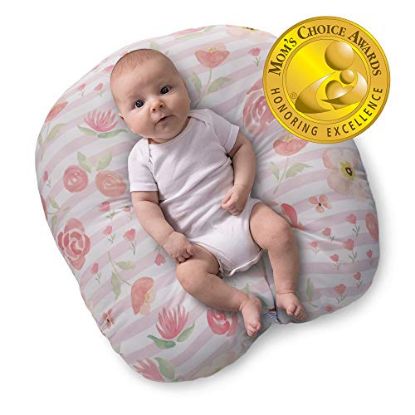 Picture of Boppy Newborn Lounger-Original | Lightweight Plush Chair with Carrying Handle | Infant Seat for Awake Time | Wipeable and Machine Washable | Pink Flowers on Pink and White Stripes