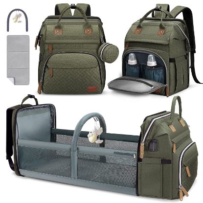 Picture of Baby Diaper Bag Backpack, Diaper Changing Station for Baby Boys & Girls,Waterproof Changing Pad,USB Charging Port,Pacifier Case, Sunshade and Toy Bar, Army Green