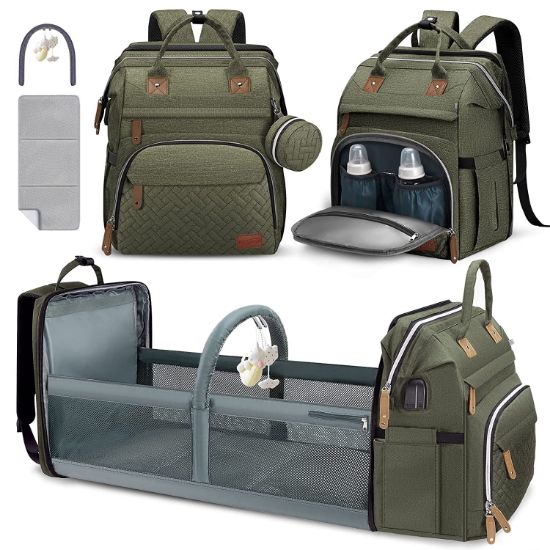Picture of Baby Diaper Bag Backpack, Diaper Changing Station for Baby Boys & Girls,Waterproof Changing Pad,USB Charging Port,Pacifier Case, Sunshade and Toy Bar, Army Green