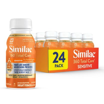 Picture of Similac 360 Total Care Sensitive Infant Formula for Fussiness & Gas Due to Lactose Sensitivity, Has 5 HMO Prebiotics, Non-GMO, Baby Formula, Ready to Feed, 8-fl-oz Bottle, Pack of 24