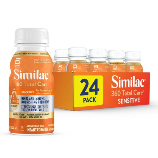Picture of Similac 360 Total Care Sensitive Infant Formula for Fussiness & Gas Due to Lactose Sensitivity, Has 5 HMO Prebiotics, Non-GMO, Baby Formula, Ready to Feed, 8-fl-oz Bottle, Pack of 24