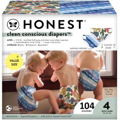 Picture of The Honest Company Clean Conscious Diapers | Plant-Based, Sustainable | Tie-Dye for + Cactus Cuties | Super Club Box, Size 4 (22-37 lbs), 104 Count