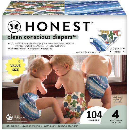 Picture of The Honest Company Clean Conscious Diapers | Plant-Based, Sustainable | Tie-Dye for + Cactus Cuties | Super Club Box, Size 4 (22-37 lbs), 104 Count