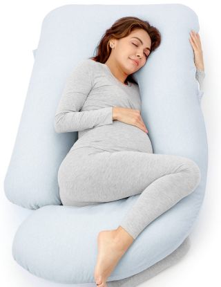 Picture of Momcozy Pregnancy Pillows for Sleeping, U Shaped Full Body Pillow 57 Inch for Pregnant Women with Back, Hip, Leg, Belly Support, Washable Jersey Cotton Cover Included, Light Blue
