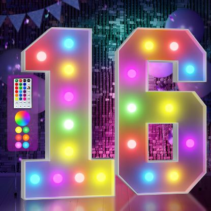 Picture of Marquee Numbers Colorful 16th-Birthday Decoration: 4FT Large Light Up Sweet 16 Year Old Birthday Decorations Anniversary Backdrop for Boys Girls Cardboard Sign 18 Colors Number 16 Mosaic Balloon Frame