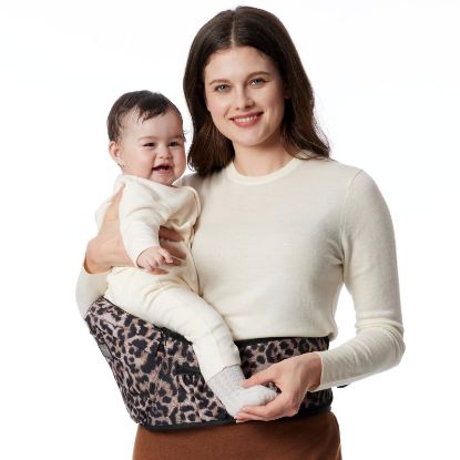 Picture of Momcozy Hip Seat Baby Carrier - Adjustable Waistband with Original 3D Belly Protector, Ergonomic Carrier with Various Pockets for Newborns & Toddlers up to 45lbs (Leopard, Large)