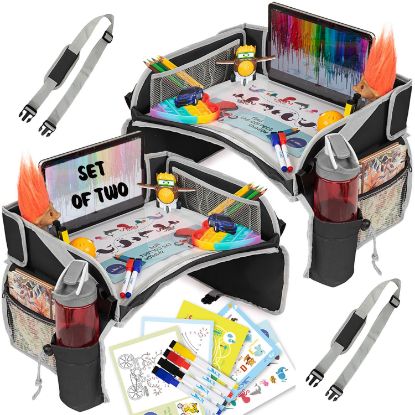 Picture of PILLANI Kids Travel Tray for Car - Car Seat Tray for Kids, Road Trip Essentials Must Haves - Carseat Table Roadtrip Activities - Toddler Lap Desk Organizer for Airplane - Travel Essentials - Pack of 2