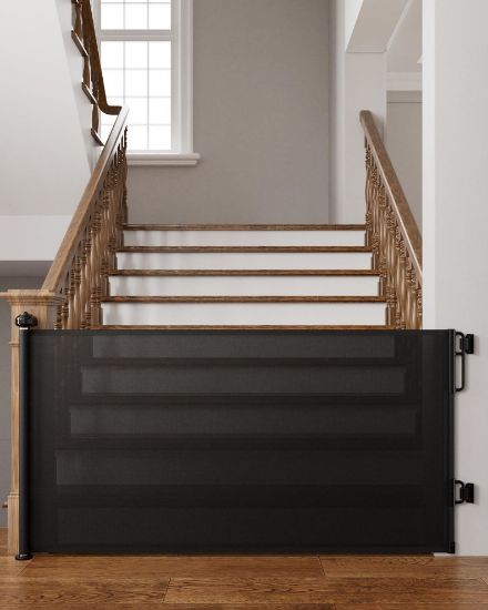 Picture of Cumbor 76" Wide Long Retractable Baby Gates for Stairs, Mesh Dog Gate for the House, 34" Tall Extra Wide Pet Gate for Dogs, Child Safety Gates for Doorways, Hallways, Indoor/Outdoor(Black)