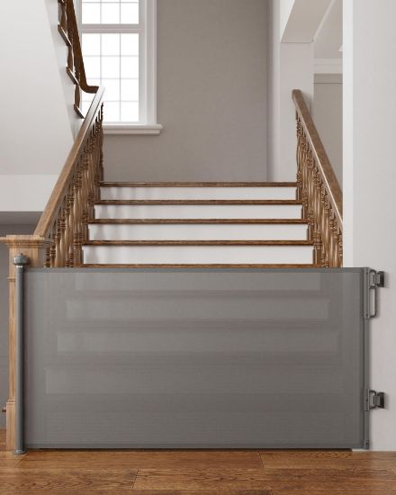 Picture of Cumbor 76" Wide Long Retractable Baby Gates for Stairs, Mesh Dog Gate for the House, 34" Tall Extra Wide Pet Gate for Dogs, Child Safety Gates for Doorways, Hallways, Indoor/Outdoor(Gray)