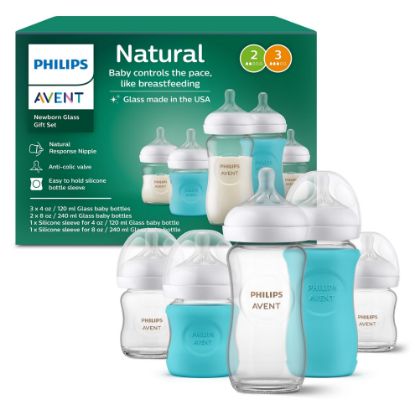 Picture of Philips Avent Natural Newborn Glass Gift Set, Baby Bottles with Natural Response Nipples, 3X 4oz (Slow Flow, Flow 2) and 2X 8oz (Medium Flow, Flow 3), 2X Silicone Sleeves, SCD858/01