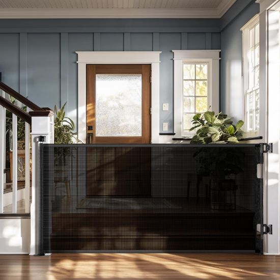 Picture of Cumbor Retractable Baby Gates - Wide Dog & Child Fence for The House, 33" Tall, Extends to 76", Extra Long Mesh Pet Safety Gate for Stairs, Doorways & Hallways, Porch, Indoor/Outdoor (Black)