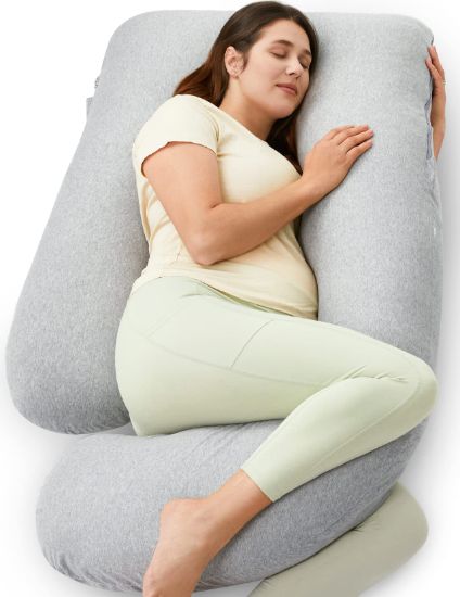Picture of Momcozy U Shaped Pregnancy Pillows with Cotton Removable Cover, 57 Inch Full Body Pillow Maternity Support, Must Have for Pregnant Women, Hatha Grey