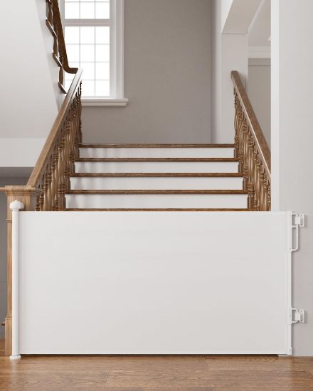 Picture of Cumbor 76" Wide Long Retractable Baby Gates for Stairs, Mesh Dog Gate for The House, 34" Tall Extra Wide Pet Gate for Dogs, Child Safety Gates for Doorways, Hallways, Cat Gate Indoor/Outdoor(White)