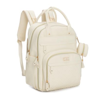 Picture of BabbleRoo Leather Diaper Bag Backpack - Baby Essentials Travel Baby Bag, Multi function, Waterproof, with Changing Pad, Stroller Straps & Pacifier Case - Unisex, Eggshell White