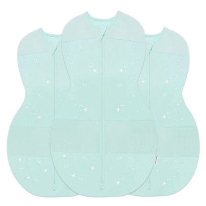 Picture of Happiest Baby Sleepea 5-Second Swaddle - 100% Organic Cotton Baby Swaddle Blanket - Doctor Designed Promotes Healthy Hip Development - 3-Pack Newborn Bundle (Teal Stars, 2 x Small, 1 x Medium)