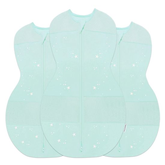 Picture of Happiest Baby Sleepea 5-Second Swaddle - 100% Organic Cotton Baby Swaddle Blanket - Doctor Designed Promotes Healthy Hip Development - 3-Pack Newborn Bundle (Teal Stars, 2 x Small, 1 x Medium)